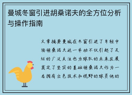 曼城冬窗引进胡桑诺夫的全方位分析与操作指南